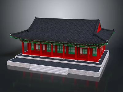 Traditional Chinese Architecture With Red Structure Black Roof And Green Decorations 3d model