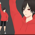Game and Movie Character with Short Black Hair Red Eyes Raising Hand in Red Hoodie