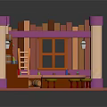 Vibrant Cartoon Tavern Interior With Pink Purple Pillars Wooden Bar Green Stools Ladder And Windows