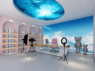Public Office Space With Starry Ceiling Blue Sky Wall And Photography Equipment 3d model