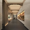 Elegant Hotel Corridor Interior With Marble Walls Art Painting Recessed Lighting And Wooden Ceiling Design