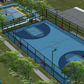 Outdoor Basketball Court With Blue Playing Surface Green Fence And Surrounding Trees