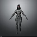 Futuristic Humanoid Character in Metallic Silver Armor With Glowing Red Helmet And Green Accents