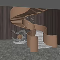 Warm Brown Spiral Staircase Modern Design With Wooden Paneled Wall Illuminated Steps And Art Sculpture