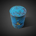 Rusty Blue Metal Barrel With Yellow Warning Triangle Sign Industrial Storage 3d model