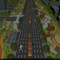 Urban Park Landscape with Wide Central Road Trees on Both Sides and Colorful Walkways