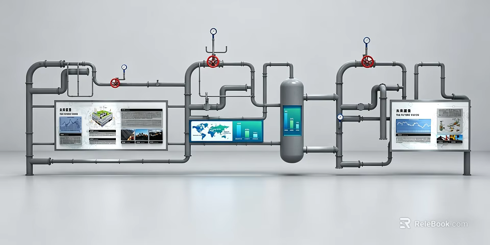 Industrial Pipeline System With Control Panels Red Valves And Digital Screens 3d model 