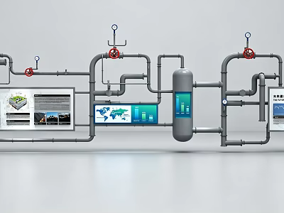 Industrial Pipeline System With Control Panels Red Valves And Digital Screens 3d model