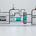 Industrial Pipeline System With Control Panels Red Valves And Digital Screens