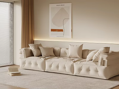 Beige Large Sectional Sofa Interior With Plush Pillows And Wall Art Near Curtains 3d model