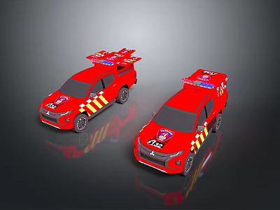 Two Red Emergency Vehicles With Roof Mounted Equipment And Striped Body Design 3d model