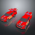 Two Red Emergency Vehicles With Roof Mounted Equipment And Striped Body Design