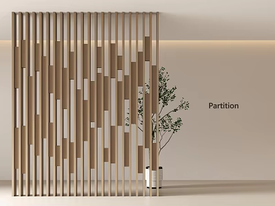Modern Wooden Partition With Vertical Slat Design And Potted Plant 3d model