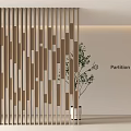 Modern Wooden Partition With Vertical Slat Design And Potted Plant