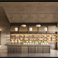 Modern Dessert Shop Interior With Open Kitchen And Dessert Display Cabinets Tables Chairs