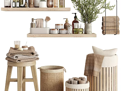Organic Daily Laundry Essentials With Cotton Towels Soap Bottles And Woven Baskets 3d model