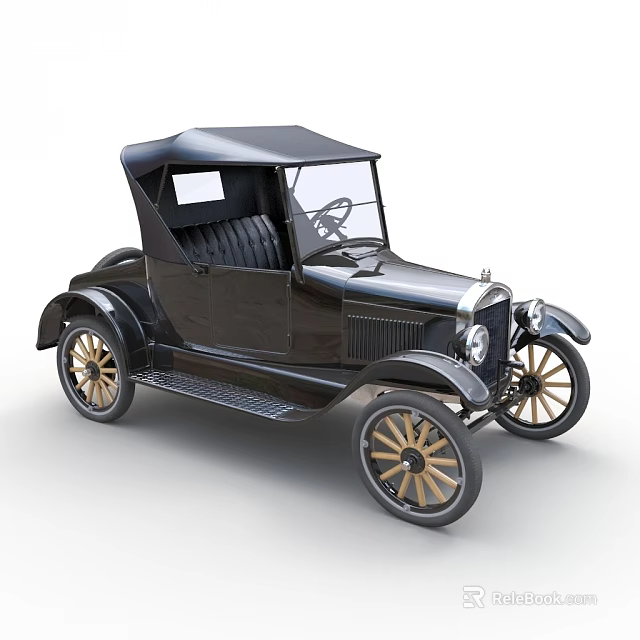 Black Vintage Convertible Car With Golden Spoke Wheels And Classic Design 3d model 