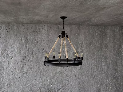 Rustic Industrial Chandelier With Rope Accents And Metal Frame Hanging From Concrete Ceiling 3d model