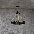 Rustic Industrial Chandelier With Rope Accents And Metal Frame Hanging From Concrete Ceiling