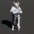 Game And Movie Character Knight Standing In Horned Helmet Holding Sword With Chainmail Armor