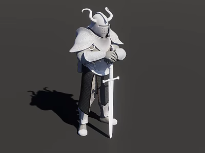 Game And Movie Character Knight Standing In Horned Helmet Holding Sword With Chainmail Armor 3d model