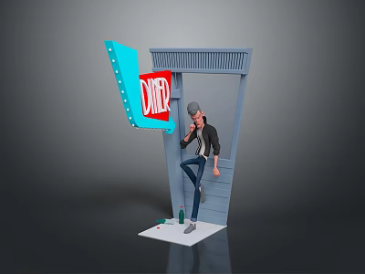 Character Leaning Against Diner Doorway With Red Sign And Beverage Bottles 3d model