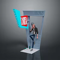 Character Leaning Against Diner Doorway With Red Sign And Beverage Bottles