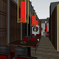 Chinese Style Hotpot Restaurant Interior With Red Pendant Lights And Dark Wooden Decor