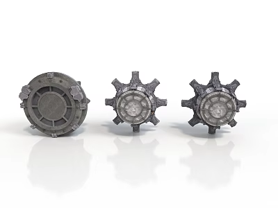 Three Industrial Gear Shaped Mechanical Equipment Components With Metal Construction 3d model