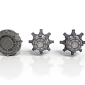 Three Industrial Gear Shaped Mechanical Equipment Components With Metal Construction