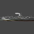 Military Aircraft Carrier Sailing On Blue Ocean With Smoking Stack And Flight Deck Runway