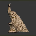 Beige Peacock Sculpture With Gold Accents And Spread Tail Feathers On Base
