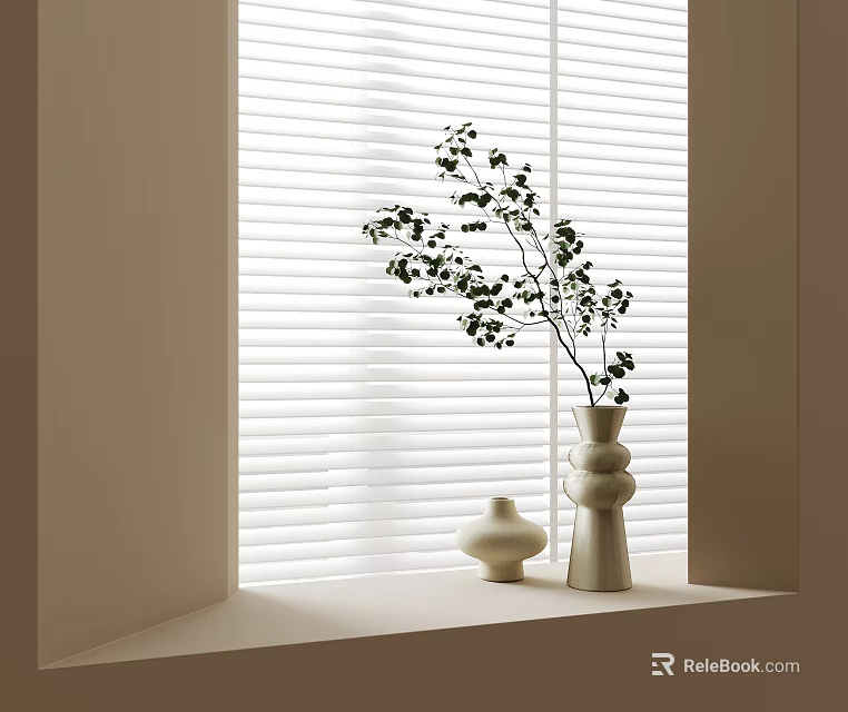 Minimalist Vase With Green Branches On Window Sill By White Blinds And Small Container 3d model 