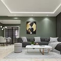 Modern Living and Dining Room Interior with Green Walls Gray Sofa and White Dining Set