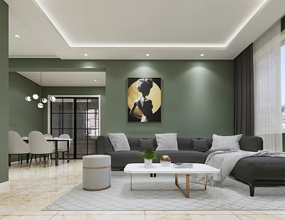 Modern Living and Dining Room Interior with Green Walls Gray Sofa and White Dining Set 3d model