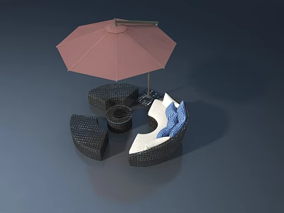 Modern Outdoor Hinged Door With Wicker Furniture And Pink Umbrella Setup 3d model