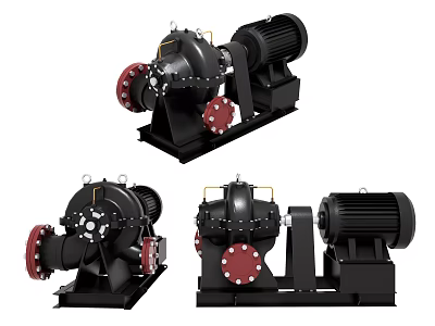 Industrial Pumps Three Different Angles With Black Design Red Flanges And Motor Components 3d model