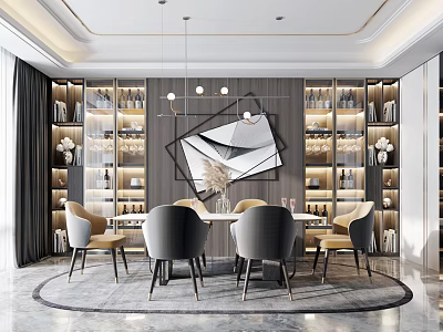 Luxurious Restaurant Interior Design With Round Dining Table And Decorative Shelves 3d model