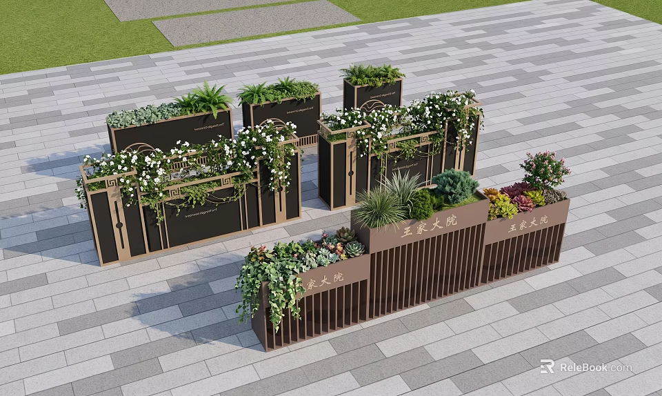 Outdoor Modern Flower Boxes With Various Greenery And White Flowers On Stone Pavement 3d model 