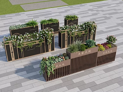 Outdoor Modern Flower Boxes With Various Greenery And White Flowers On Stone Pavement 3d model