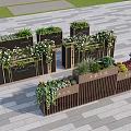 Outdoor Modern Flower Boxes With Various Greenery And White Flowers On Stone Pavement