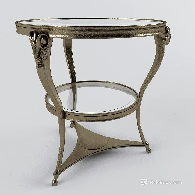 Ornate Gold Toned Metal Side Table With Curved Legs And Glass Shelf 3d model 