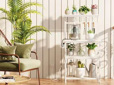 White Shelving Unit with Potted Plants and Decorative Items in Modern Indoor Living Space 3d model