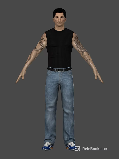 A man in black tank top and blue jeans with arm tattoos arms outstretched 3d model 