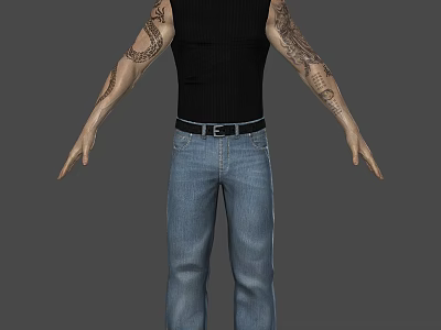 A man in black tank top and blue jeans with arm tattoos arms outstretched 3d model