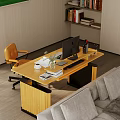 Home Office With Wooden Desk Laptop Desk Lamp Potted Plant And Window Grass View