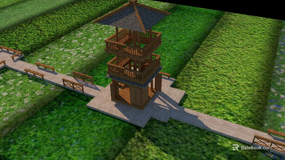 Roadside Wooden Observation Tower With Pathway And Green Lawn Area 3d model 