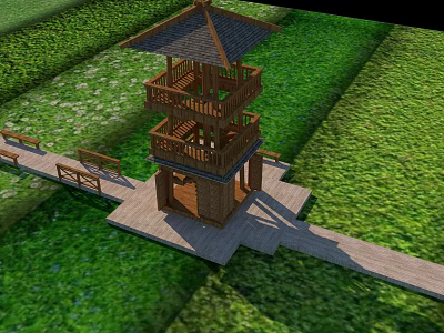 Roadside Wooden Observation Tower With Pathway And Green Lawn Area 3d model