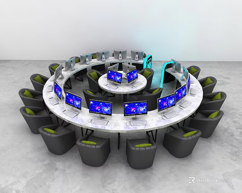 Circular Office Work Desk With Multiple Computers And Surrounding Chairs 3d model 