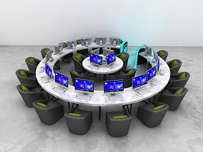 Circular Office Work Desk With Multiple Computers And Surrounding Chairs 3d model